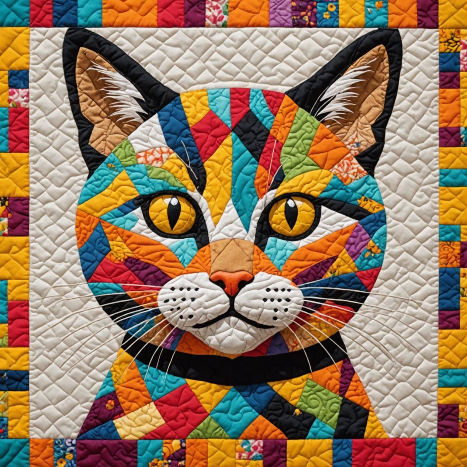 Quilted Cat's Face in Vibrant Patchwork Style