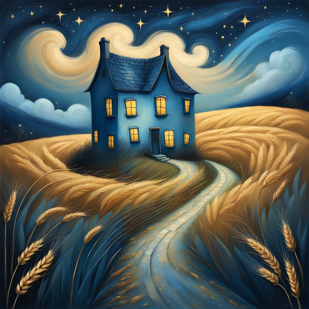 Whimsical Landscape Art: Starry Night Over Wheat Field
