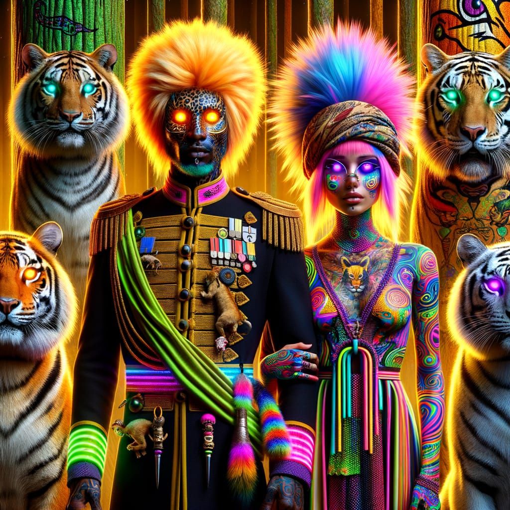 Surreal Jungle Scene with Animals and Cyberpunk Characters