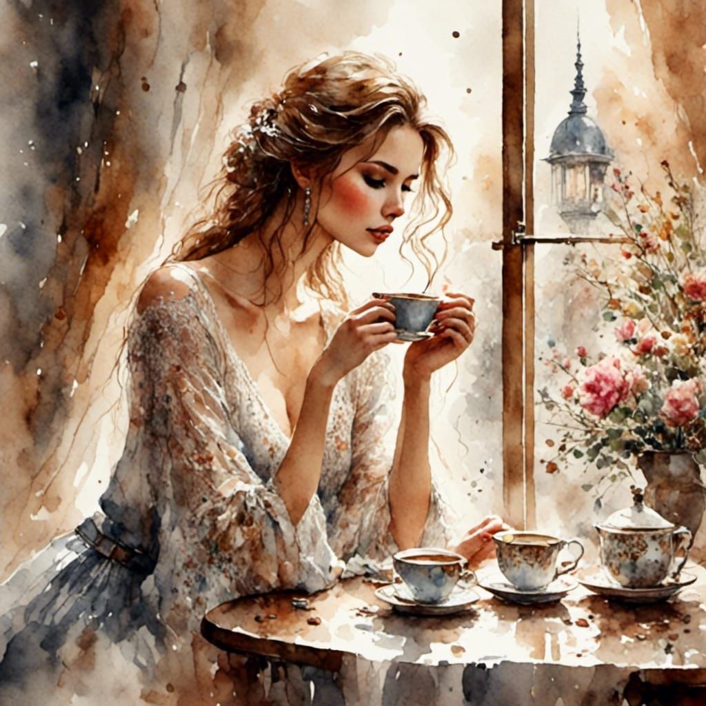 Beautiful Woman Drinking Coffee in Antique Watercolor