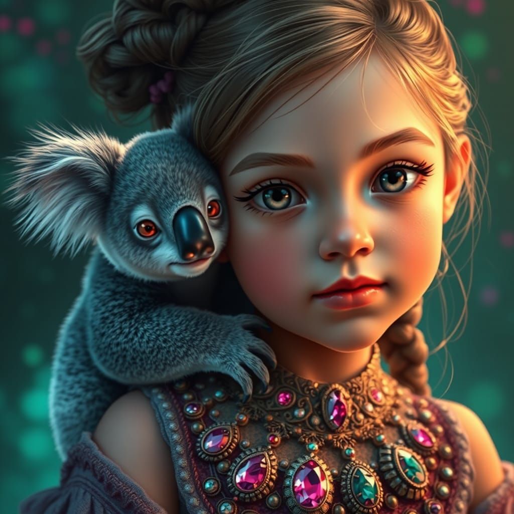 Girl with Koala and Necklace in Fantasy Art