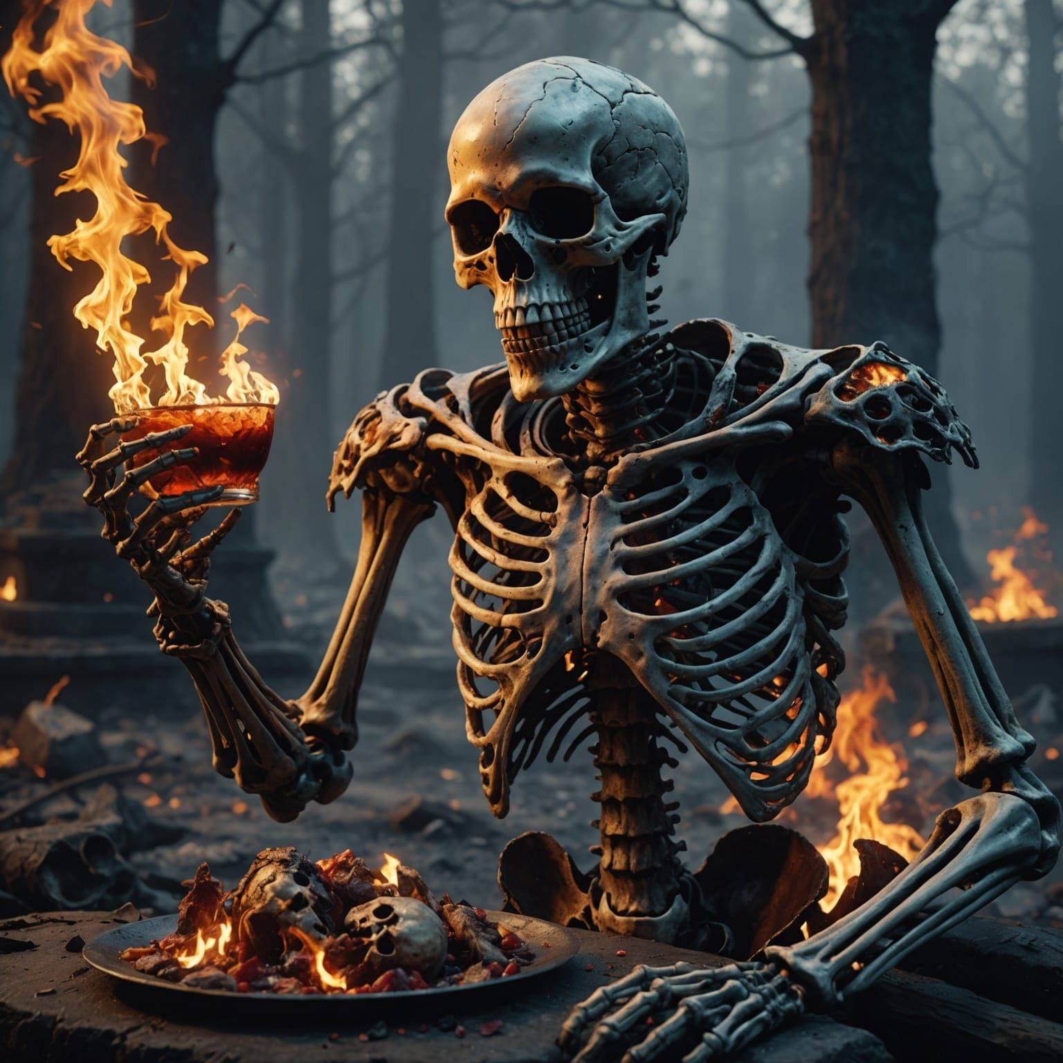 Burning Skeleton Feast: Dark Fantasy Art