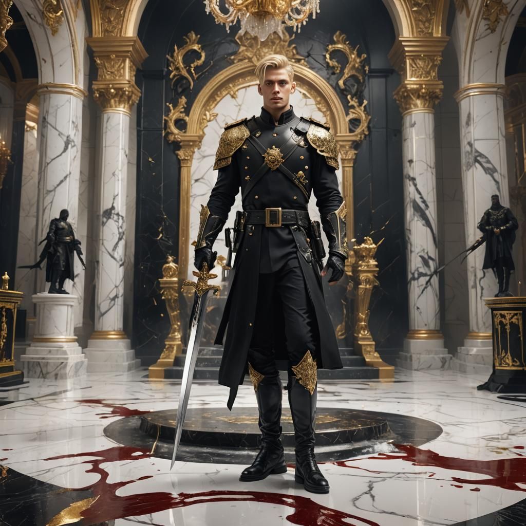 Young Emperor with Bloody Sword in Throne Room