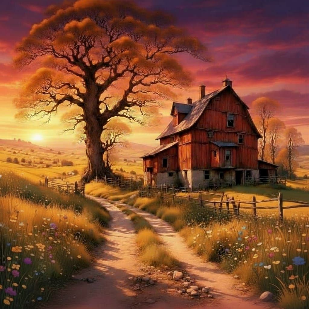 Oil Painting of Old Barn and Tree on Country Road