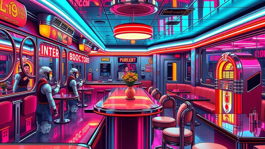Retro-Futuristic Diner with Robots in Comic Book Style