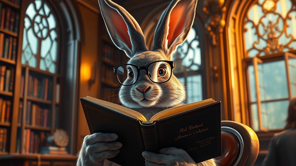 Whimsical Rabbit Scholar in Elegant Library Setting