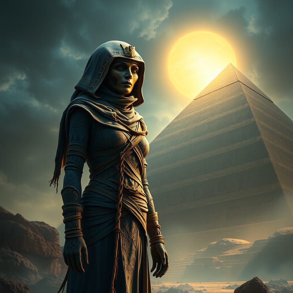 Regal Mummy Beside Ancient Pyramid in Deep, Rich Colors