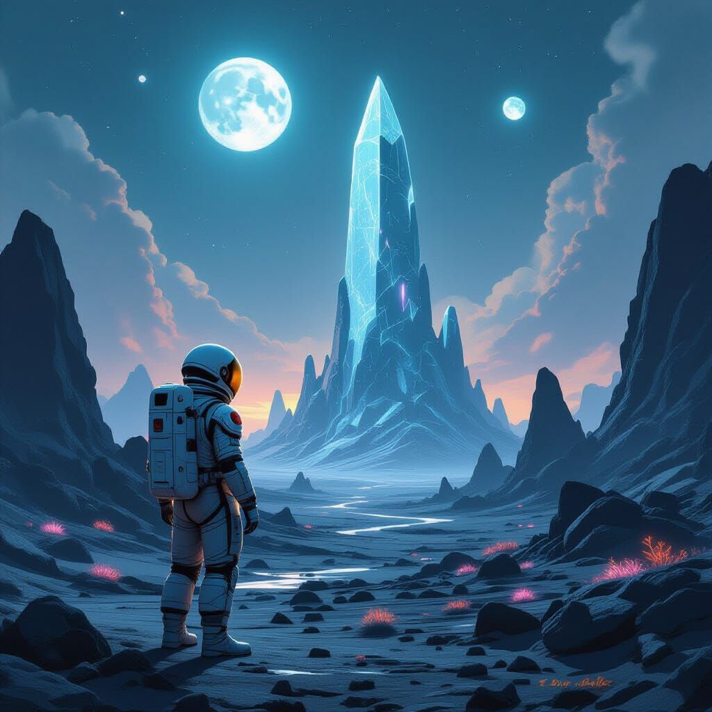 Astronaut Gazes at Crystal Structure on Alien Planet