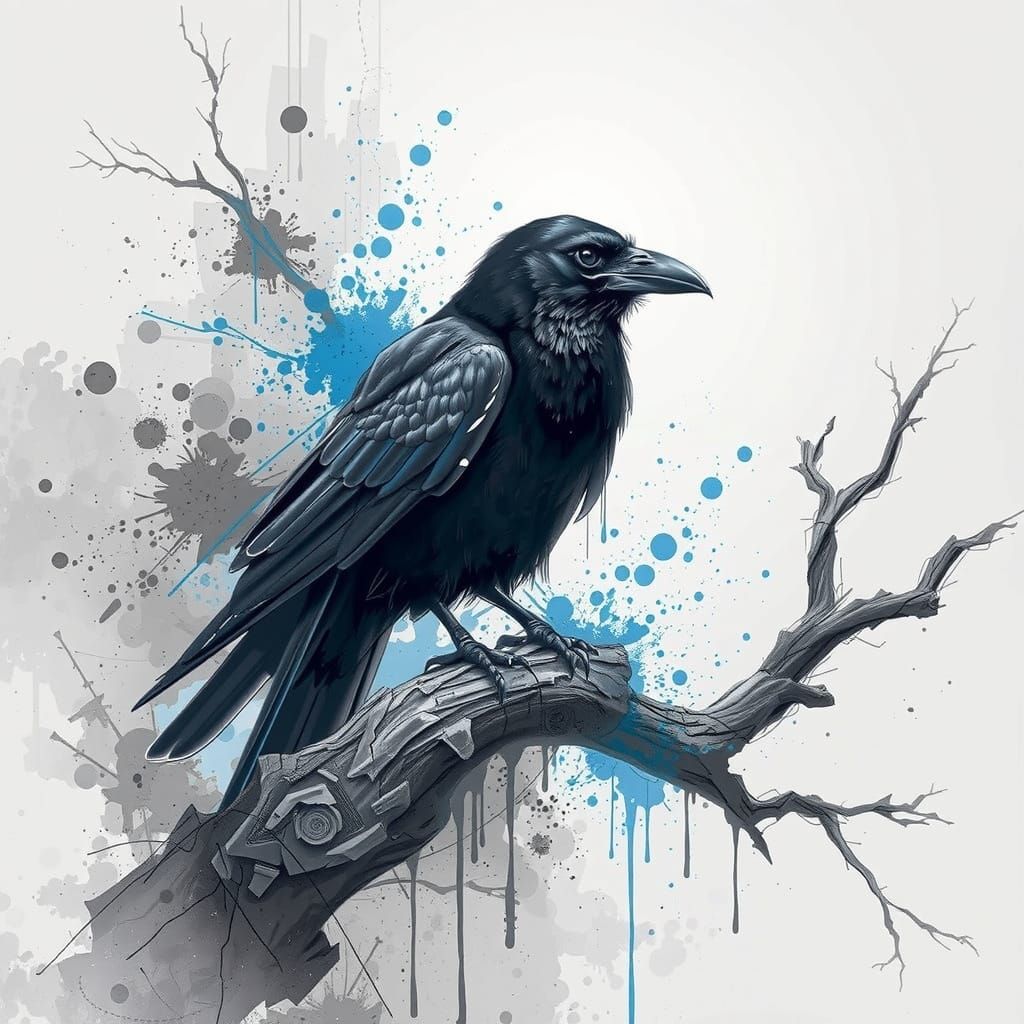 Abstract Raven on Branch with Blue Accent