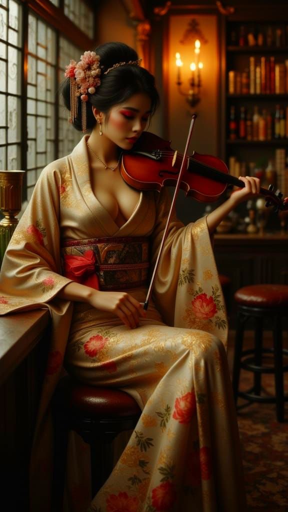 Geisha Musician in Opulent Kimono Playing Viola