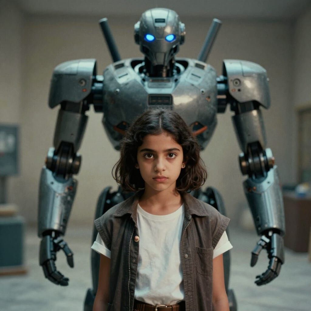 Visionary Palestinian Girl Protected by Imposing Robot