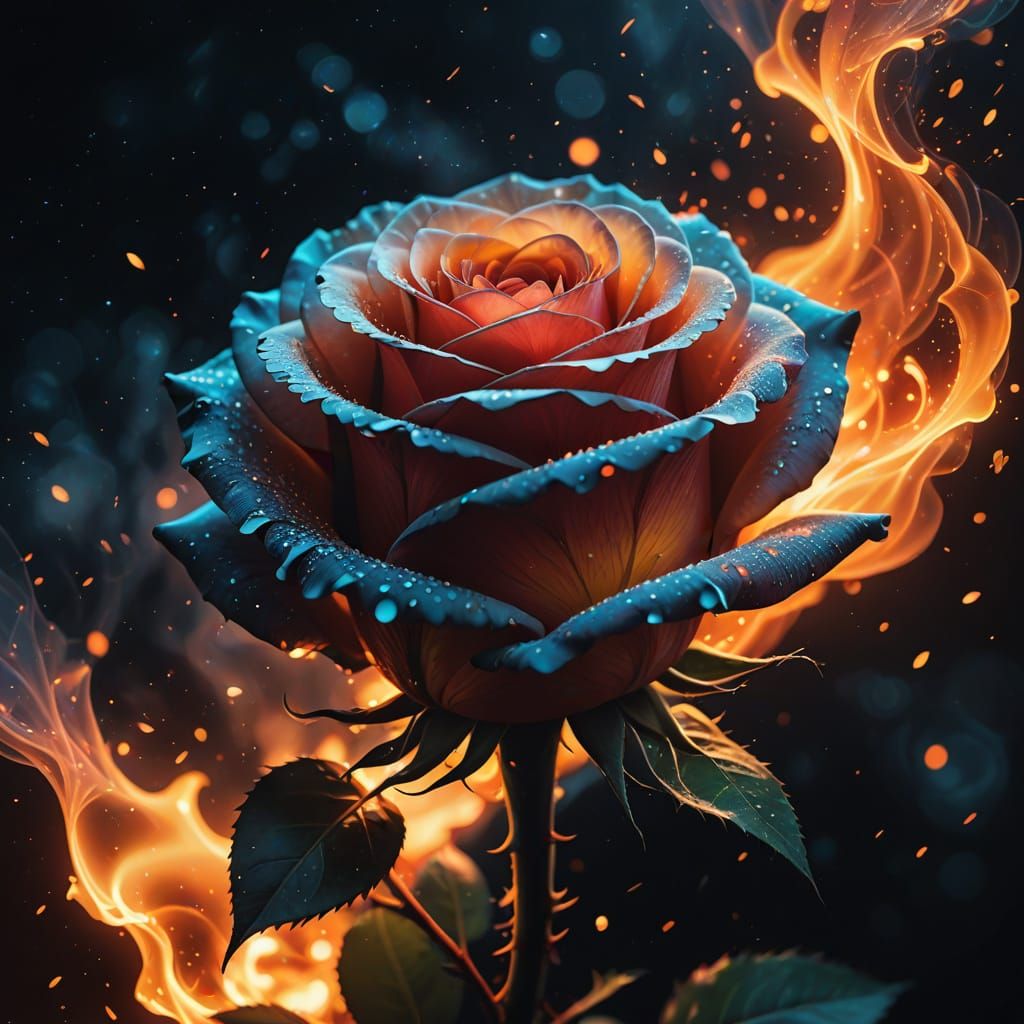 Ethereal Rose Blooms in Dark Void as Glowing Ember Rises