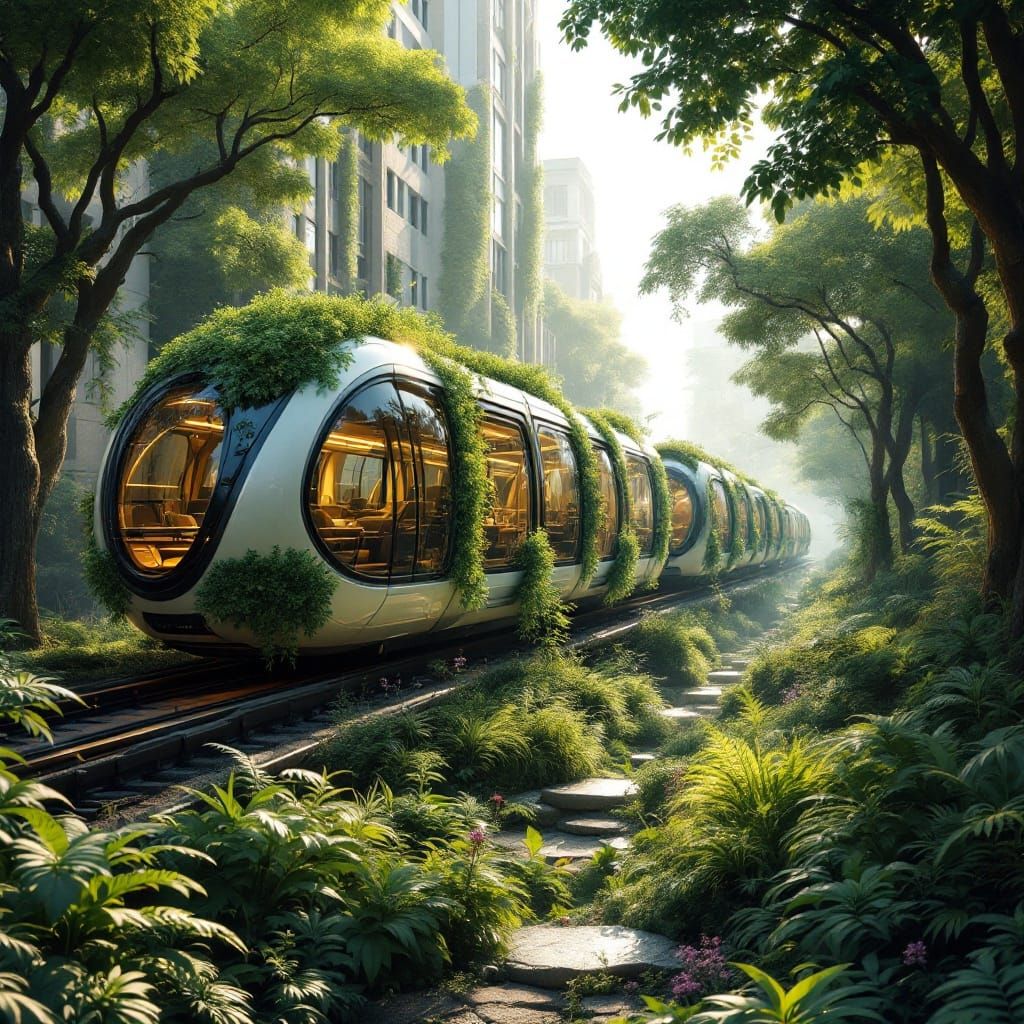 Sustainable Urban Oasis with Futuristic Trams in a Lush Gree...