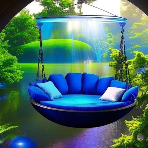 Cobalt blue holographic Round Swing Bed with Pergola Roof an...