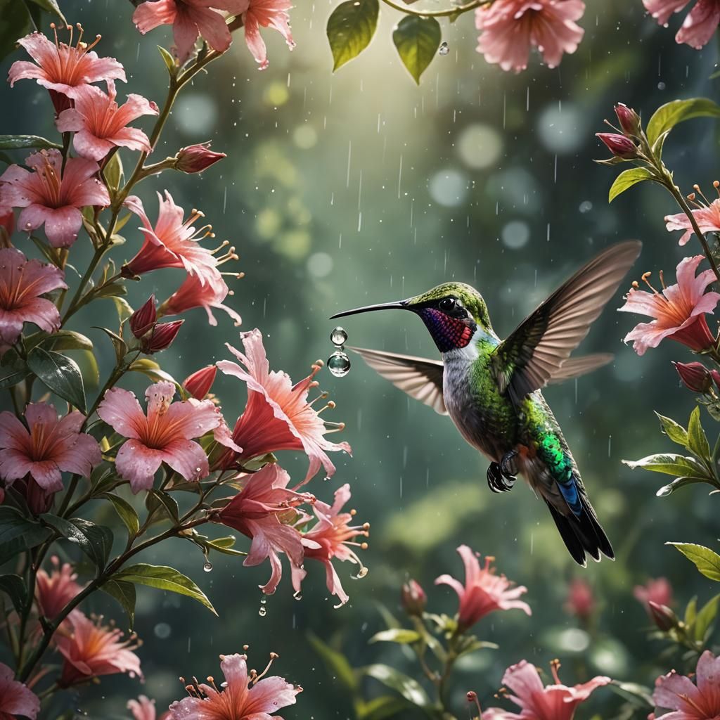 Hummingbird Drinking Dew: Cinematic Digital Painting