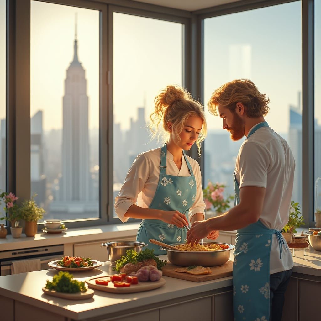 Young Couple Cooks in Modern Open Space Kitchen with City Vi...