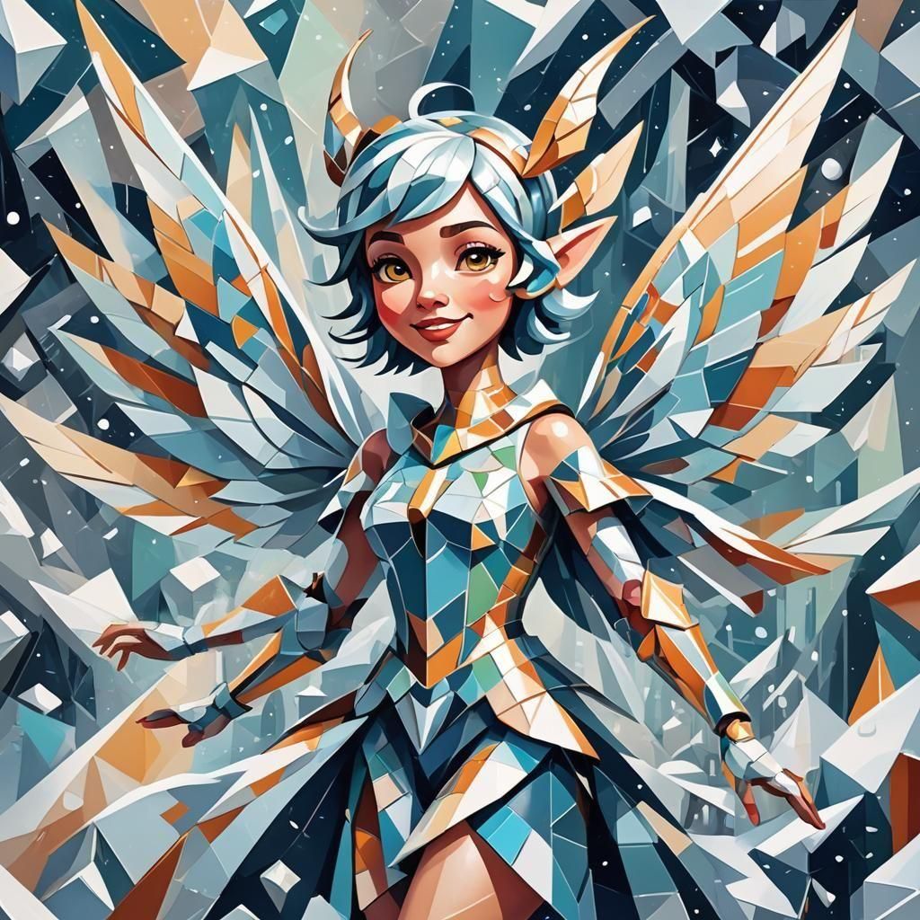 Playful Winter Pixie in Cubist Art Deco Style