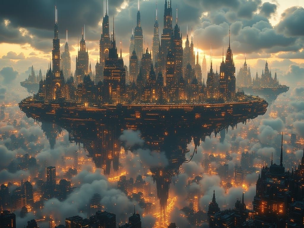 Floating Gothic City in Sci-Fi Landscape