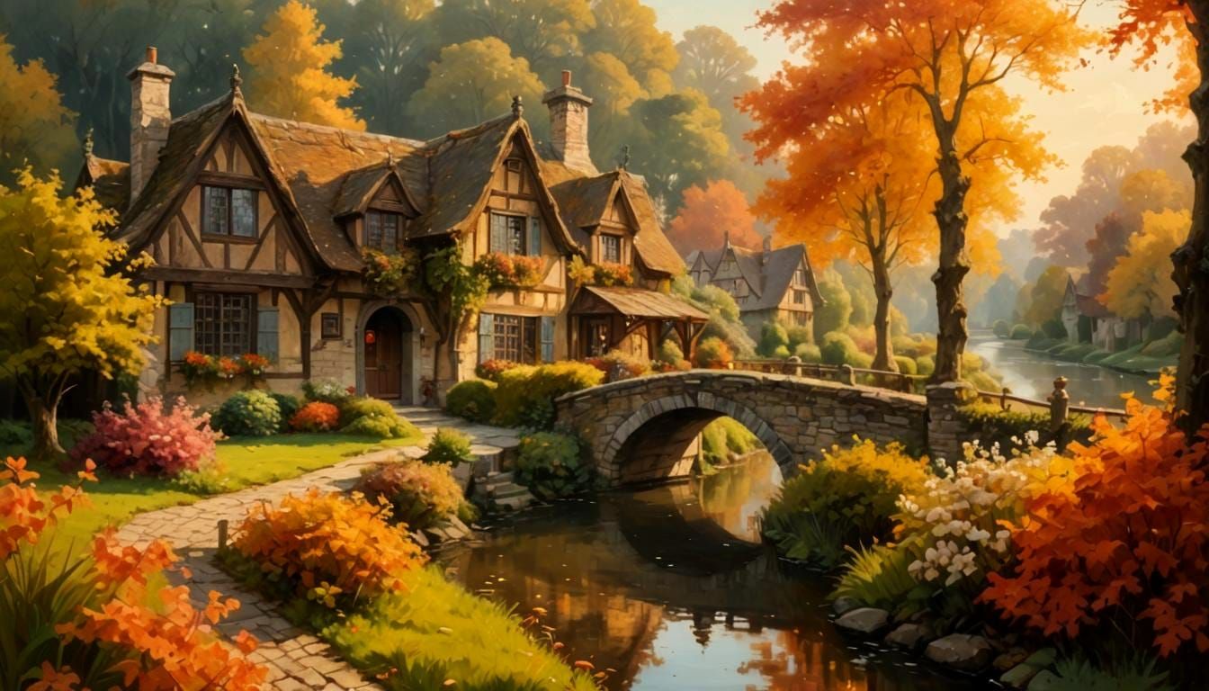 Medieval Village with Stone Bridge, Baroque Oil