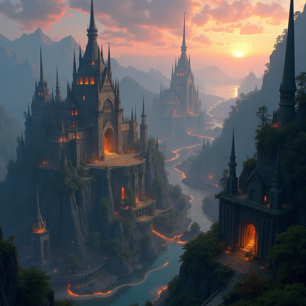 Mystical Cityscape at Dusk in Detailed Matte Painting