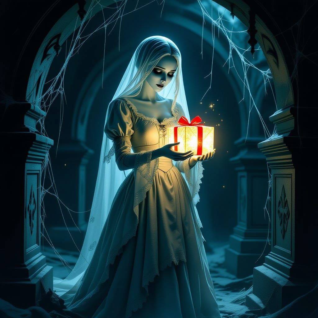 Ethereal Ghost Offers Glowing Gift in Gothic Crypt