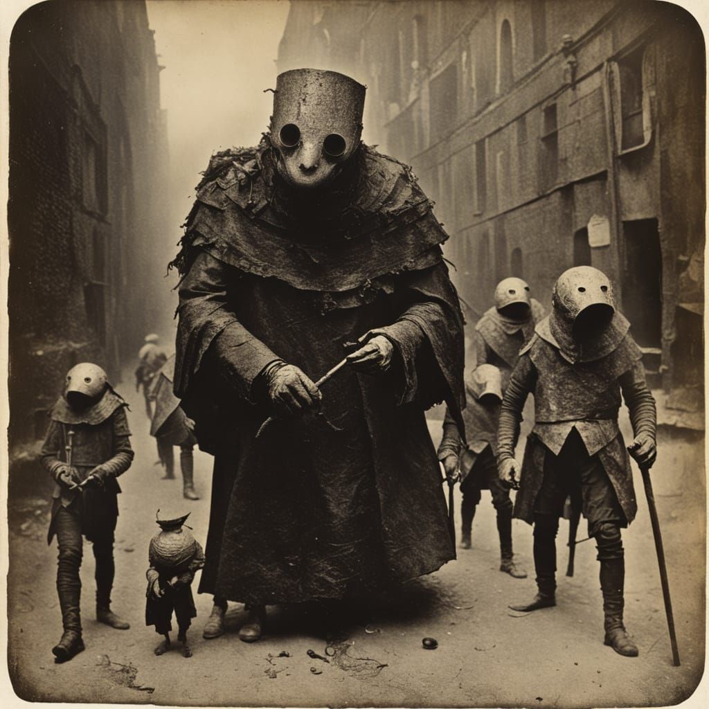 Golem as the Pied Piper in a Vintage, Surreal Landscape