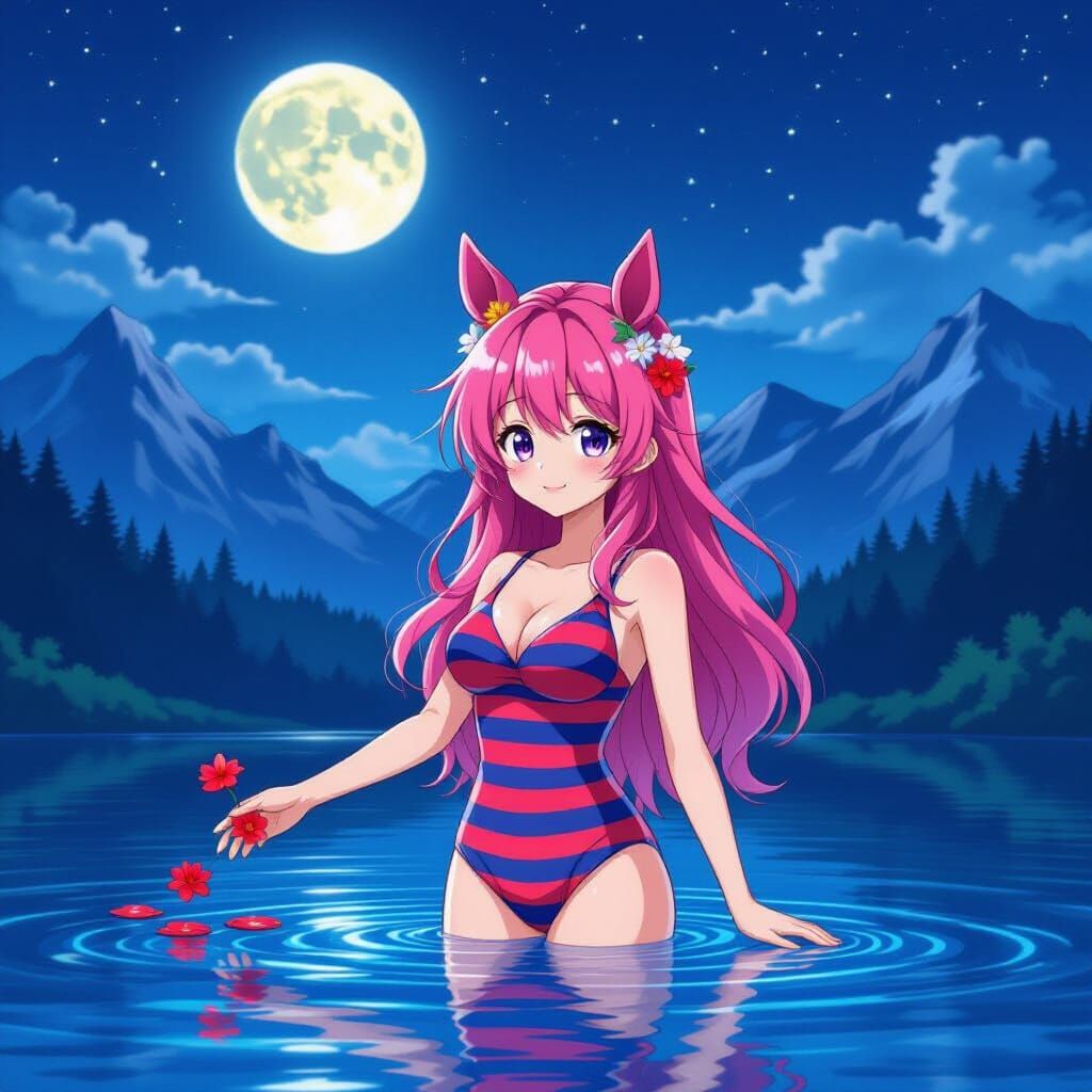 Anime Woman with Pink Hair and Horse Ears in Mountain Lake