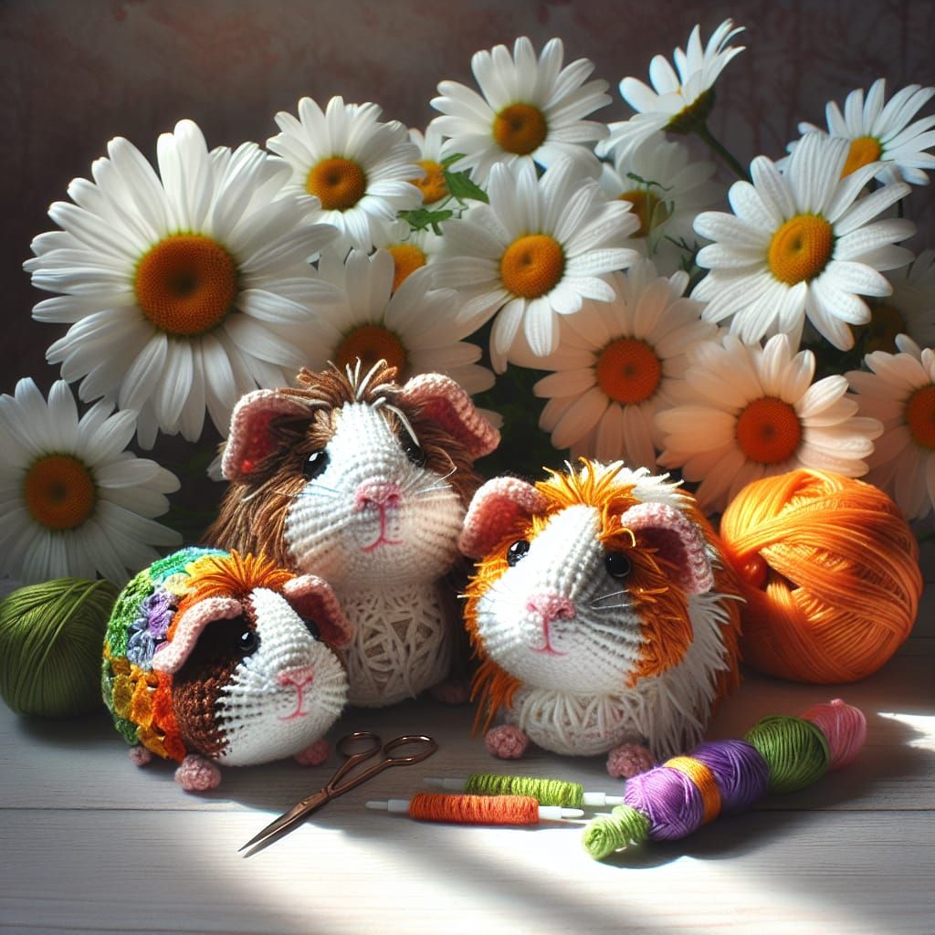 Vibrant Crocheted Guinea Pigs in a Sunny Daisies Field