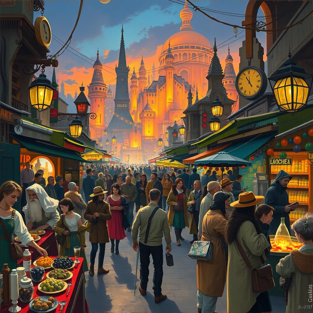 Vibrant Marketplace in Retro-Futuristic City at Twilight