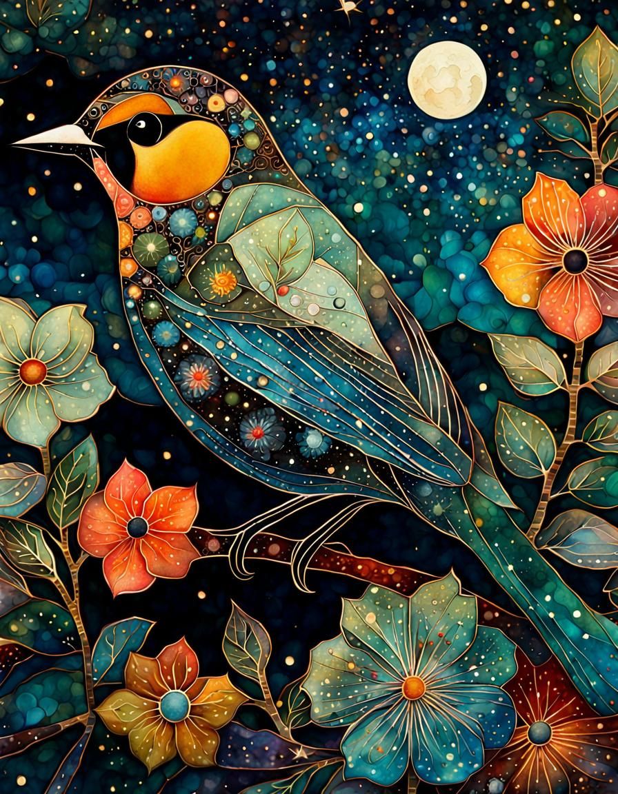 Detailed Bird Portrait Under Night Sky in Watercolor