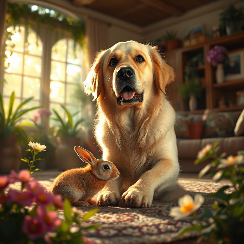 Golden Retriever and Rabbit in Sunlit Fantasy Scene