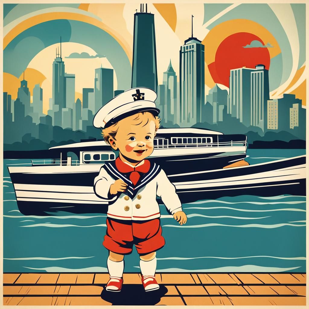 Chicago Travel Poster with Baby in Art Deco Style