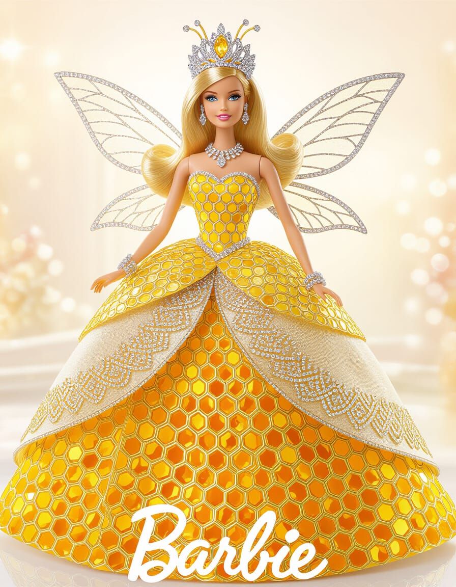 Barbie as Opulent Bee Queen in 3D Anime Style