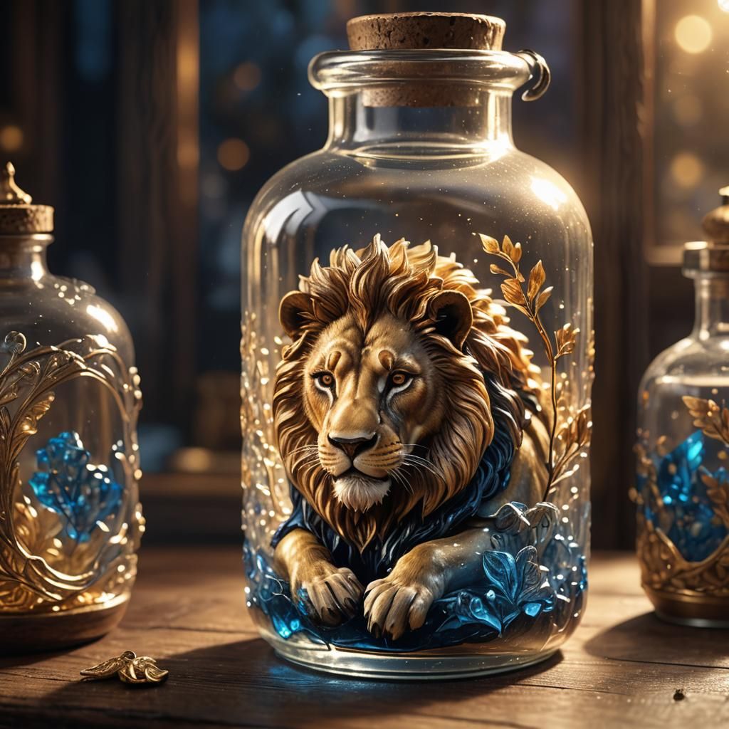 Miniature Lion Sleeps Inside Glass Bottle: Concept Art