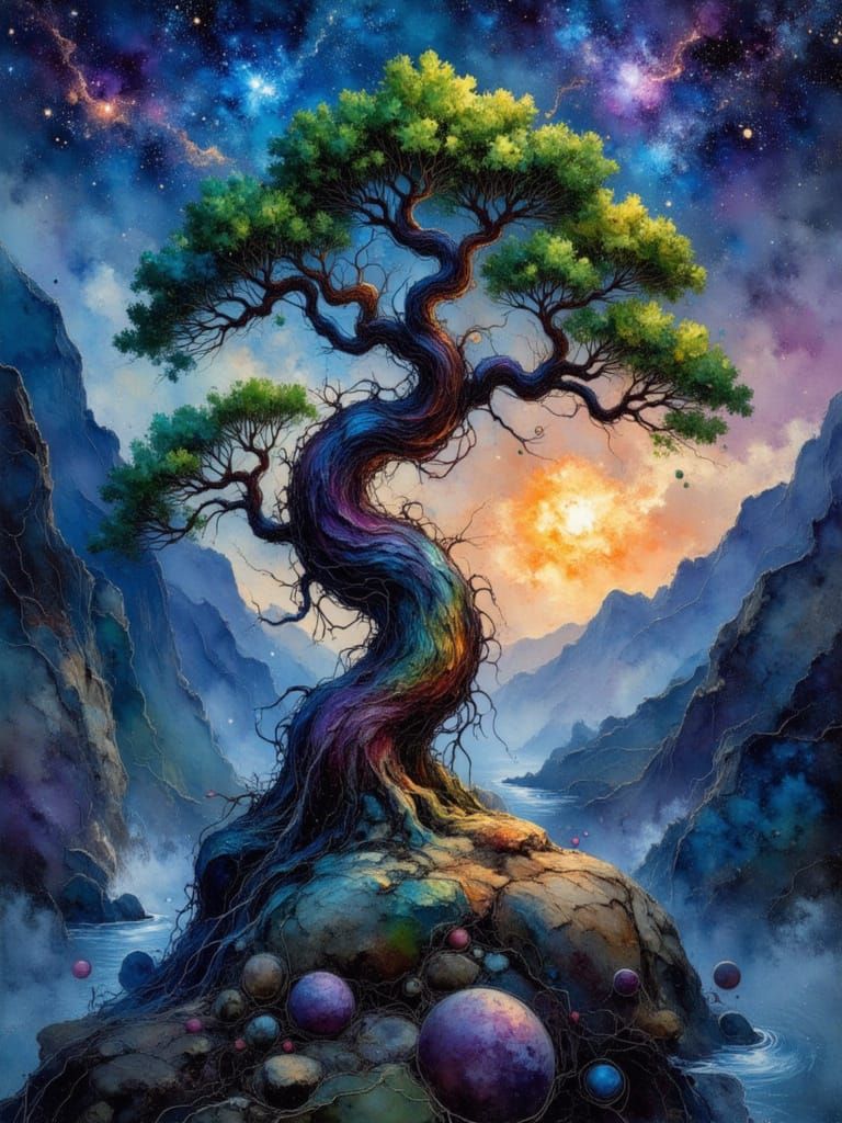 Bonzai Tree Overlooks Valley in Space Art Style