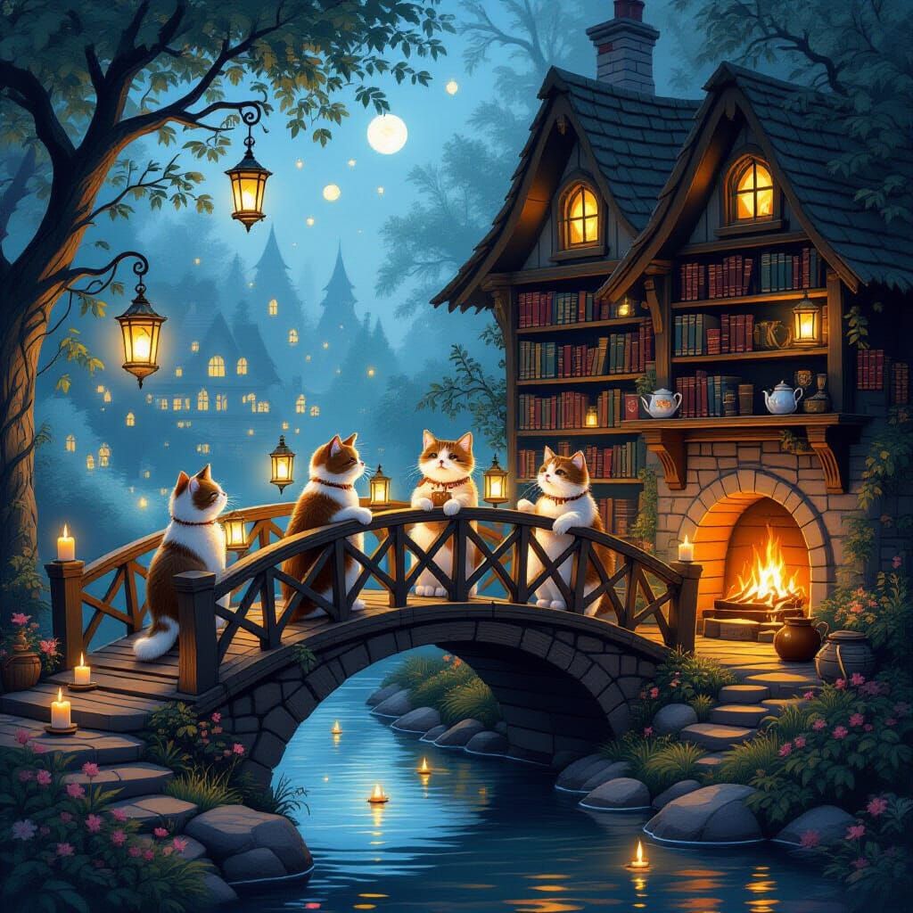 Enchanted Bridge with Cats and Floating Candles