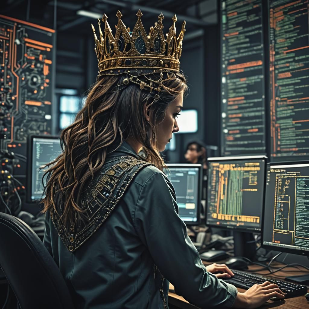 Crowned Woman Coding at Computer in HDR