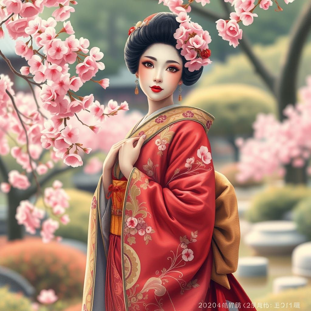 Geisha in Japanese Garden, Alphonse Mucha Style