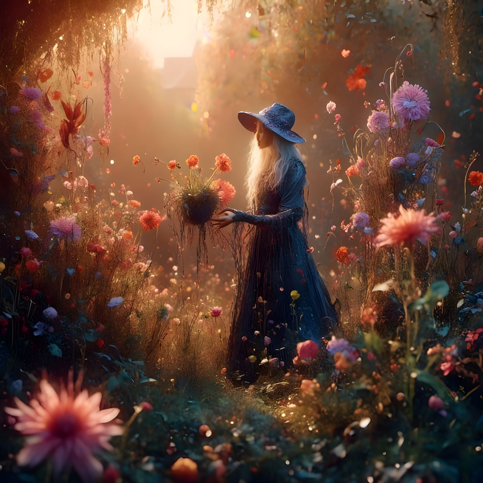 Sunrise Garden Scene in Surreal Filigree Style