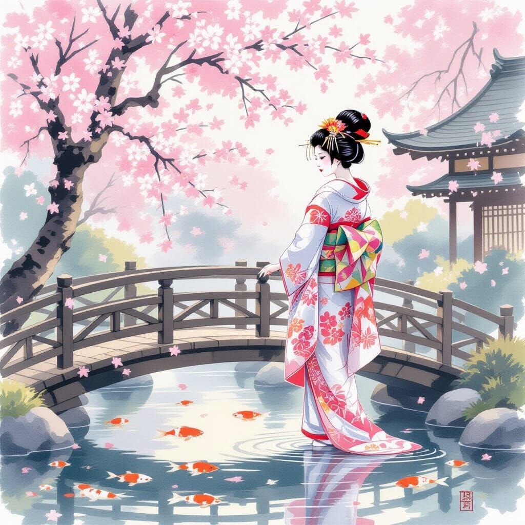 Geisha on Bridge with Cherry Blossoms in Ukiyo-e Watercolor ...