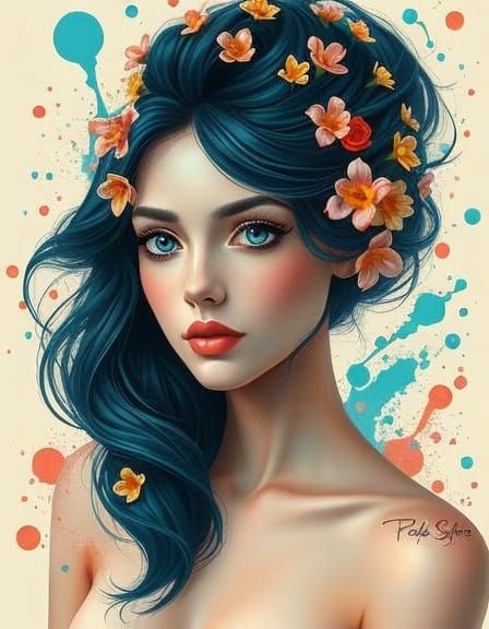 Ethereal Woman Portrait with Sapphire Eyes, Digital Art