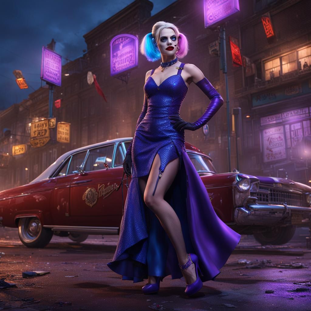 Harley Quinn in Blue Dress, Kansas City Night, Digital Art
