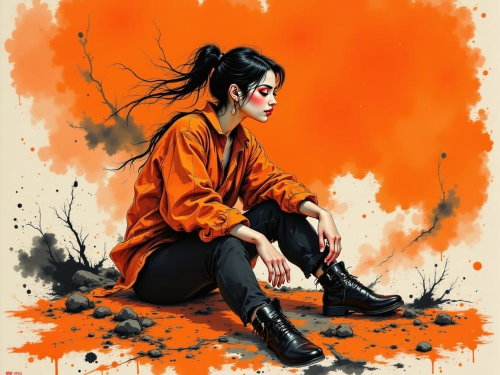 Autumn Goddess in Amber Hues, Stormy Eyes in Japanese Ink St...