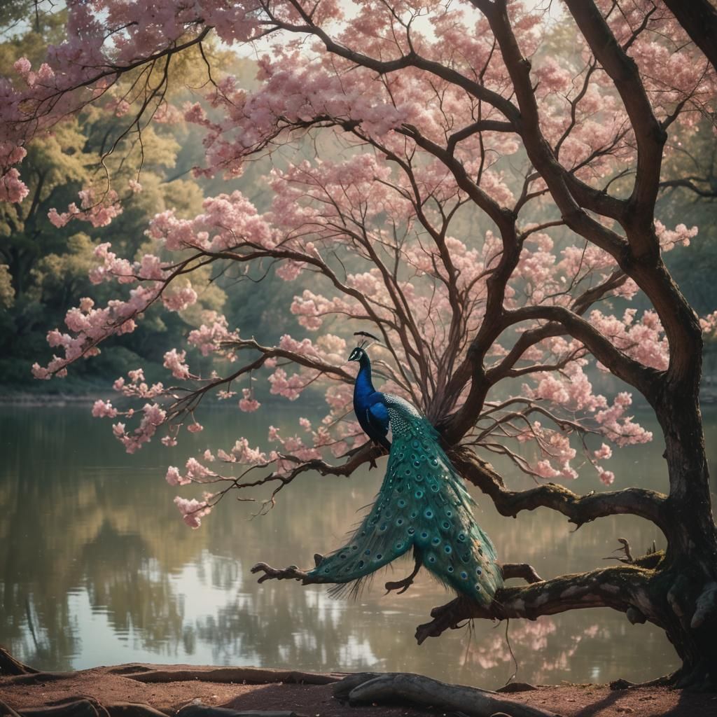 Ethereal Peacock Unfolds in Vibrant Pink Hues, Against a Ser...