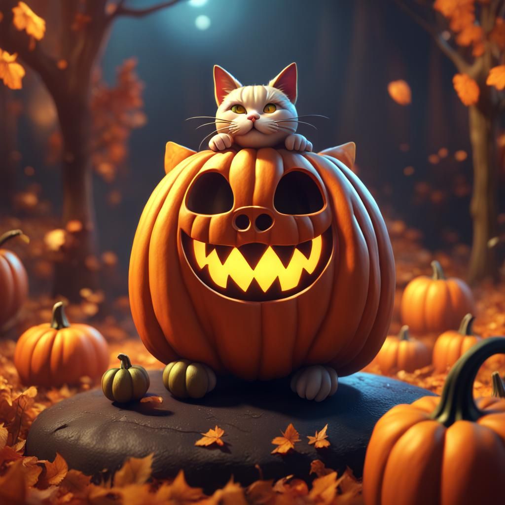 Cute Cat Pumpkin in Halloween Fantasy Art