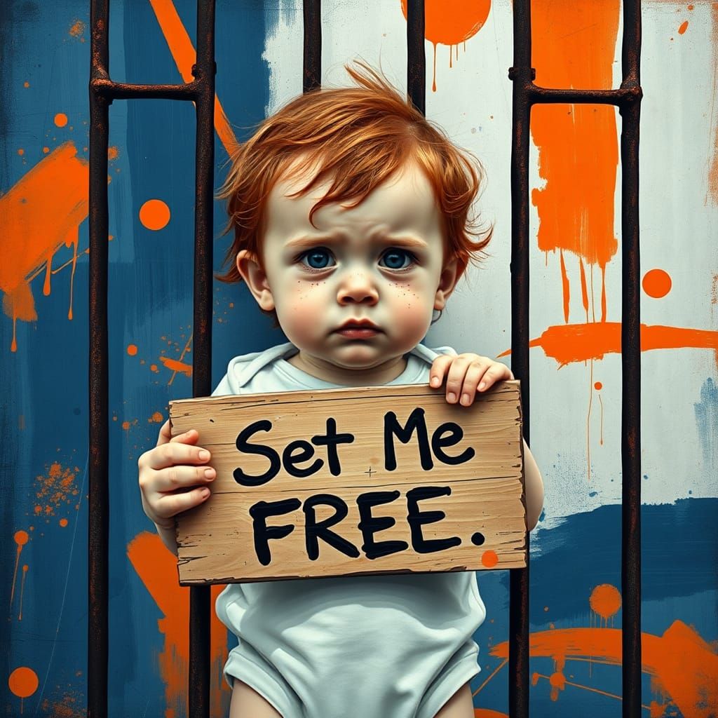 Toddler Behind Bars in Abstract Expressionist Style