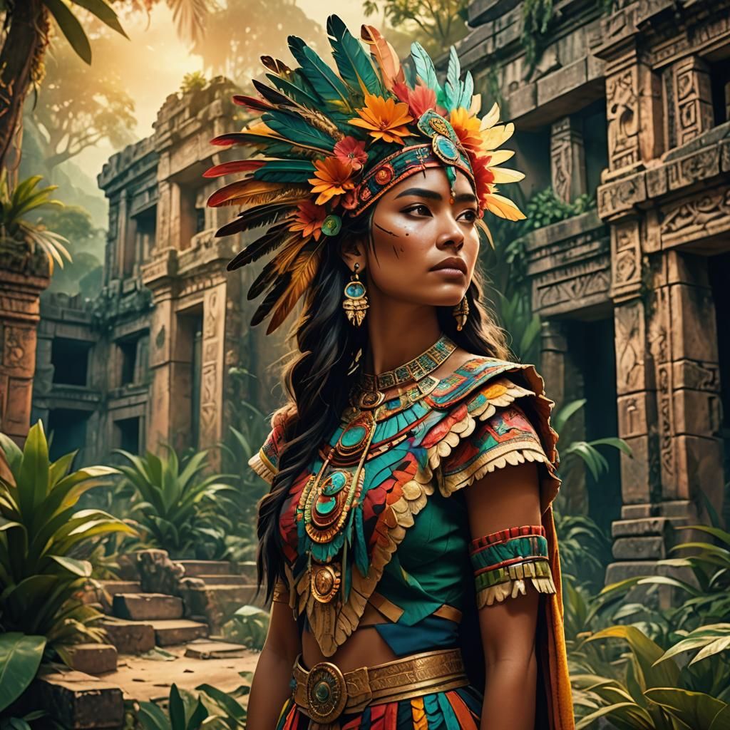 Nahuatl Girl in Mesoamerican Ruins: Digital Matte Painting