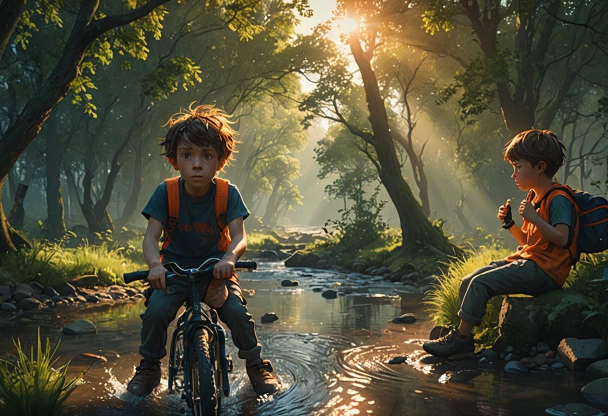 Boy Rides Bicycle Near Mystical Stream
