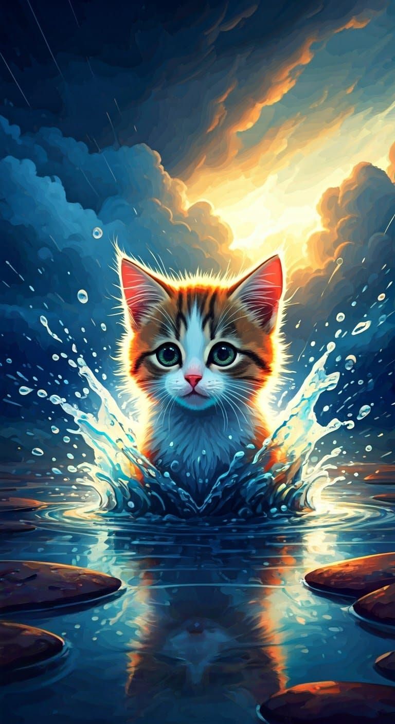 Kitten Splashing in Puddle, Fauvist-Inspired Illustration