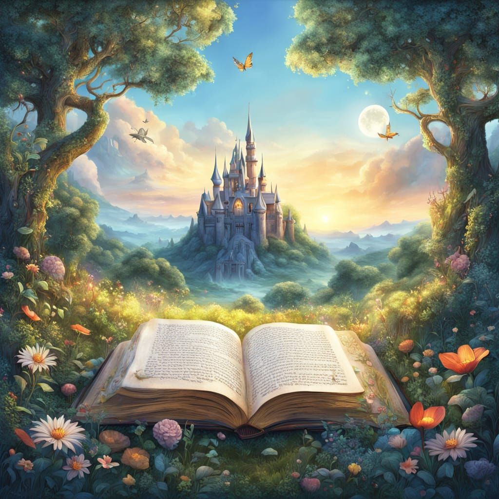 Enchanted Fairy Tale Book in Lush Fantasy Landscape